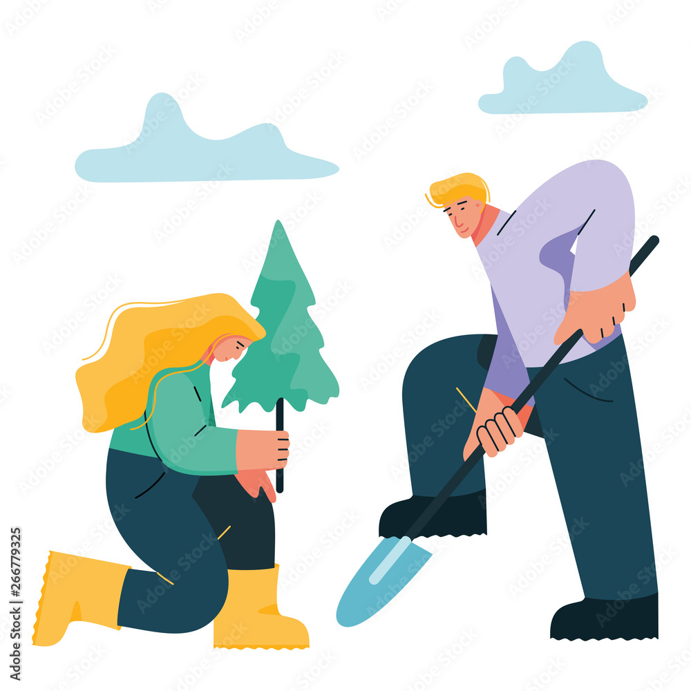 World Environment Day. Vector flat illustration. Woman and man planting trees. World Environment Day. Vector flat illustration. Woman and man planting trees.
