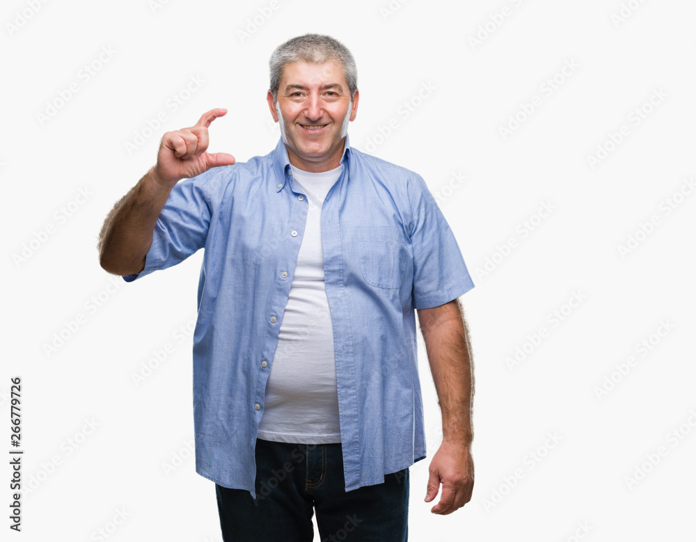 Handsome senior man over isolated background smiling and confident gesturing with hand doing size sign with fingers while looking and the camera. Measure concept. Handsome senior man over isolated background smiling and confident gesturing with hand doing size sign with fingers while looking and the camera. Measure concept.