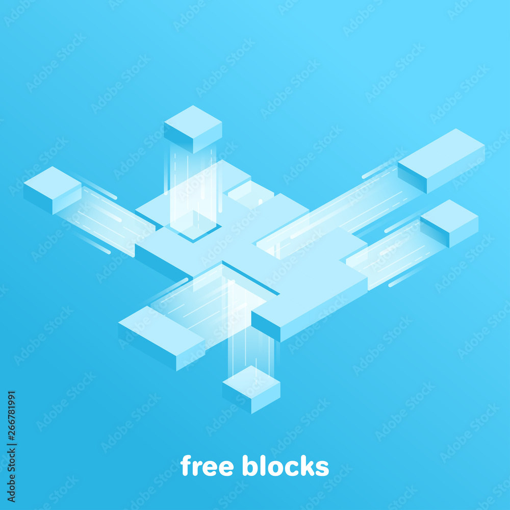 Fototapeta premium isometric vector image on a blue background, rectangular blocks flying in different directions, working with data in the network
