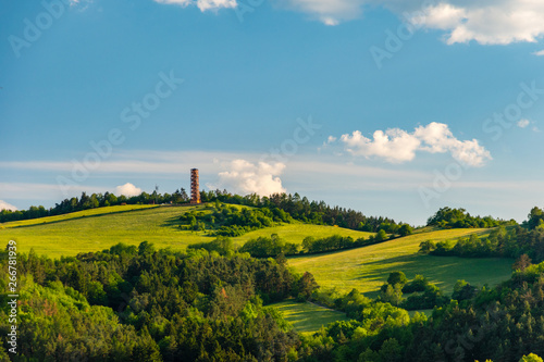 Fotografie Dawn with Czech rural coutryside meadow and Milada observation deck, Czech repub