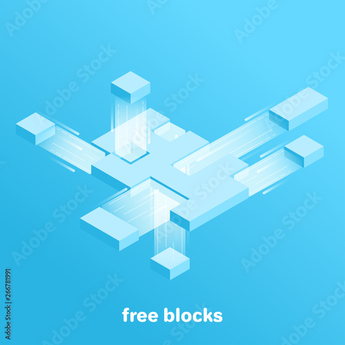 isometric vector image on a blue background, rectangular blocks flying in different directions, working with data in the network