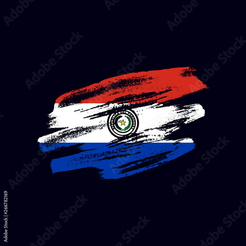 Grunge textured Paraguayan flag. Vector brush painted flag of Republic of Paraguay isolated on dark blue background. Frayed and scratched the national symbol of the  South America country