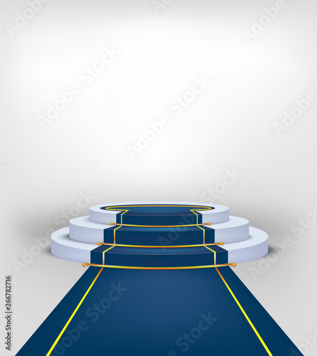Winners podium blue color carpet and gold strip. Realistic vector pedestal for exclusive event, movie premiere, gala, ceremony, awards concept.