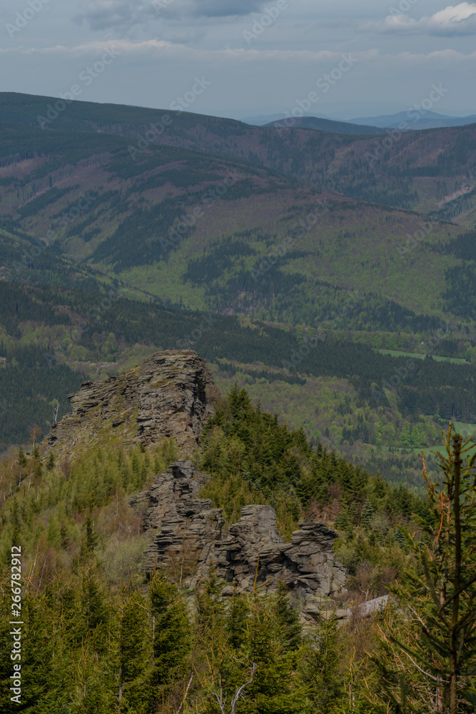 View from hill near Giant rocks in Jeseniky mountains in spring day
