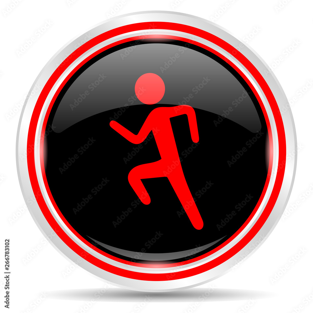 Running man icon. Round metal web button, black and red. Running man icon. Round metal web button, black and red.