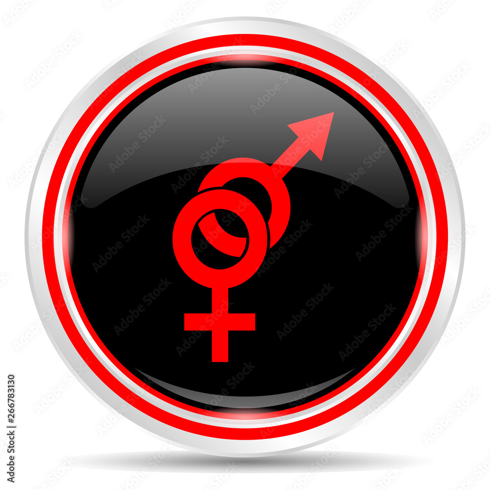 Sex icon. Round metal web button, black and red. Sex icon. Round metal web button, black and red.