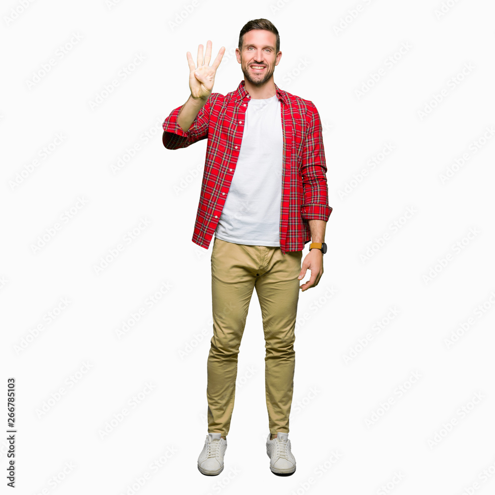 Handsome man wearing casual shirt showing and pointing up with fingers number four while smiling confident and happy. Handsome man wearing casual shirt showing and pointing up with fingers number four while smiling confident and happy.