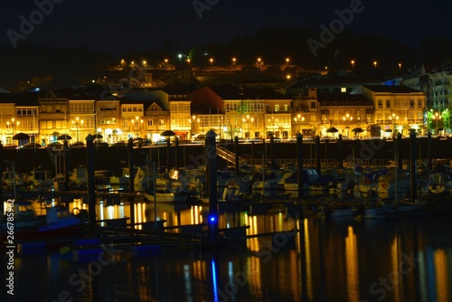 Baiona; Galicia, Night landscape with reflections ..