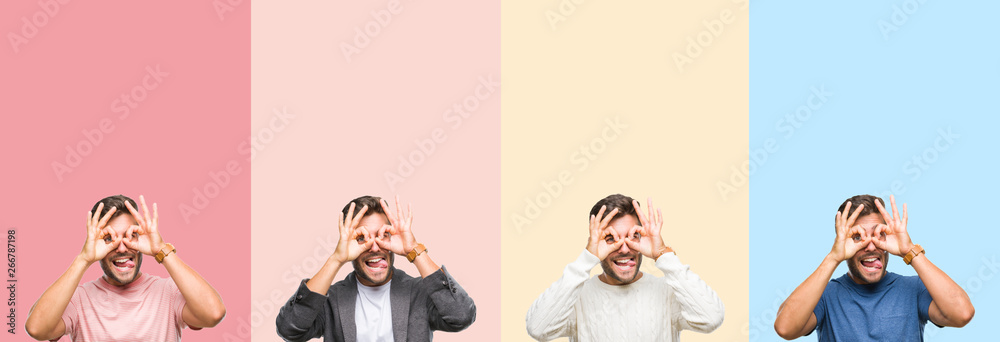 Obraz premium Collage of handsome young man over colorful stripes isolated background doing ok gesture like binoculars sticking tongue out, eyes looking through fingers. Crazy expression.