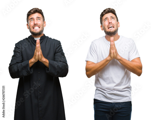 Collage of handsome young man and catholic priest over isolated background begging and praying with hands together with hope expression on face very emotional and worried. Asking for forgiveness