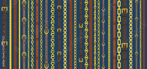 Seamless pattern with retro hand-drawn sketch belts, chain on dark blue background. Drawing engraving illustration Great design for fabric, fashion, textile, decorative frame
