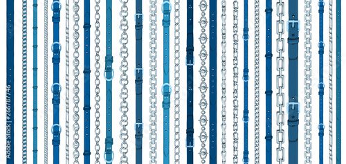 Seamless pattern with retro hand-drawn sketch belts, chain on white background. Drawing engraving illustration Great design for fabric, fashion, textile, decorative frame, yacht style poster
