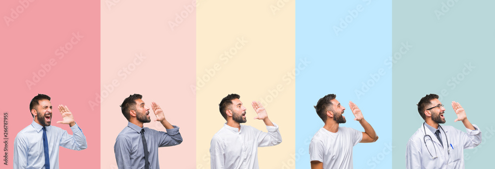 Naklejka premium Collage of handsome man over colorful stripes isolated background shouting and screaming loud to side with hand on mouth. Communication concept.