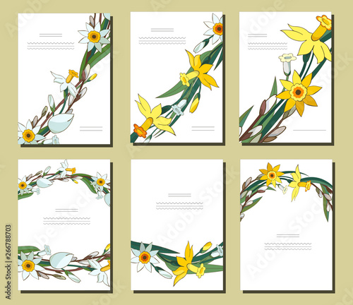 Set of floral spring templates with bunches of white yellow daffodils and willow. Cards with narcissus and salix. For romantic design, announcements, greeting wedding cards, posters, advertisement.