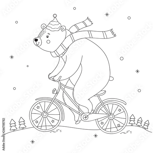 Christmas coloring page of the polar bear riding a bicycle, snowflakes and christmas trees. Cute bear vector illustration. Kids coloring page.