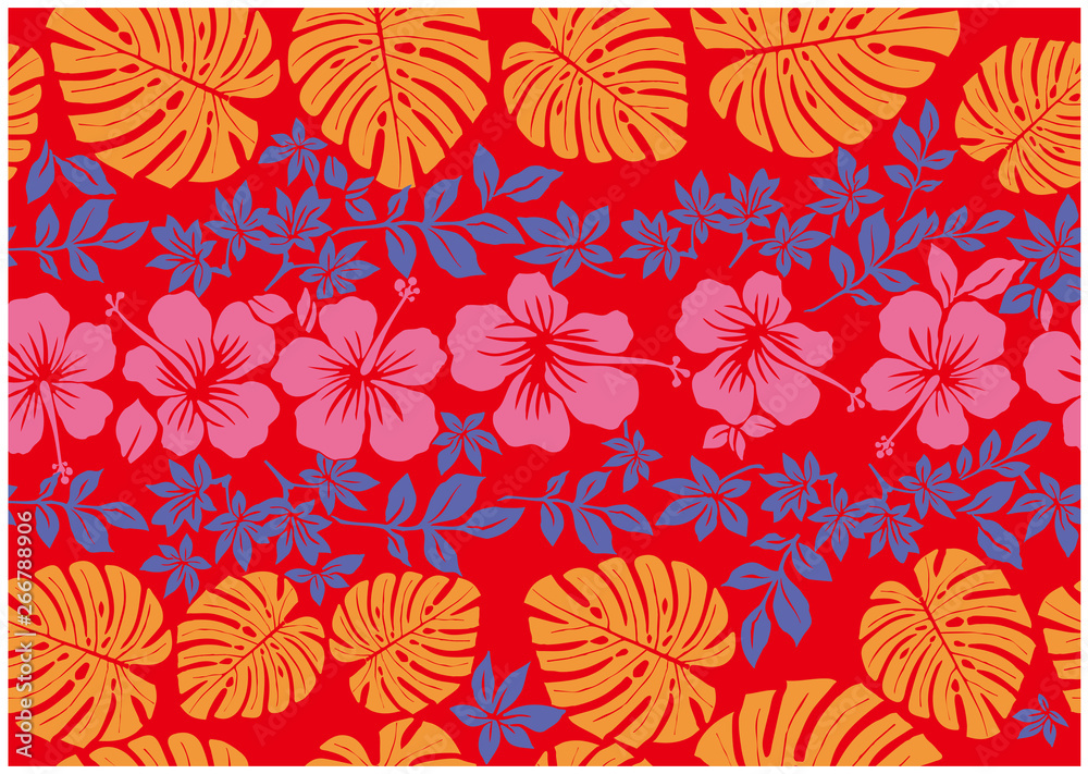 モンステラ柄とハイビスカス柄の背景イラスト トロピカル テキスタイル 総柄 シームレス Hibiscus And Monstera Pattern Background Stock Vector Adobe Stock