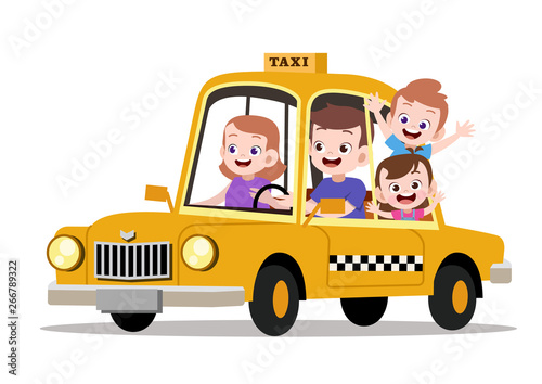 happy kids family riding taxi vector illustration