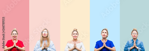 Collage of beautiful blonde woman over colorful stripes isolated background begging and praying with hands together with hope expression on face very emotional and worried. Asking for forgiveness