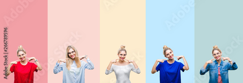 Collage of beautiful blonde woman over colorful stripes isolated background smiling confident showing and pointing with fingers teeth and mouth. Health concept.