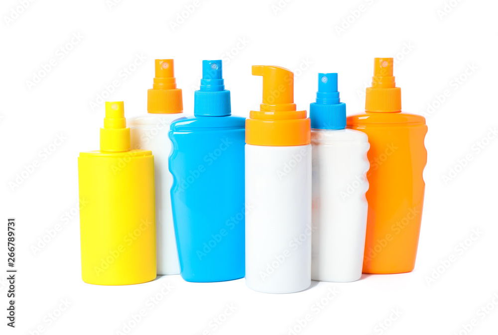 Many different sunscreen sprays isolated on white background. Summer vacation accessories Many different sunscreen sprays isolated on white background. Summer vacation accessories