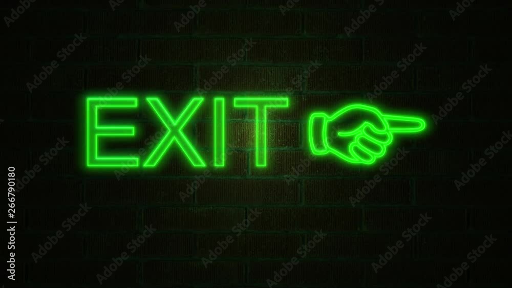 Exit neon text flickering on brick wall seamless loop background. 4k Exit neon text flickering on brick wall seamless loop background. 4k