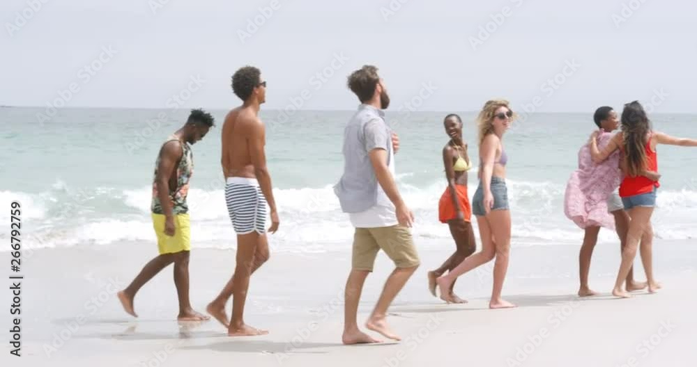 Side view of mixed-race friends walking on the beach 4k Side view of mixed-race friends walking on the beach 4k