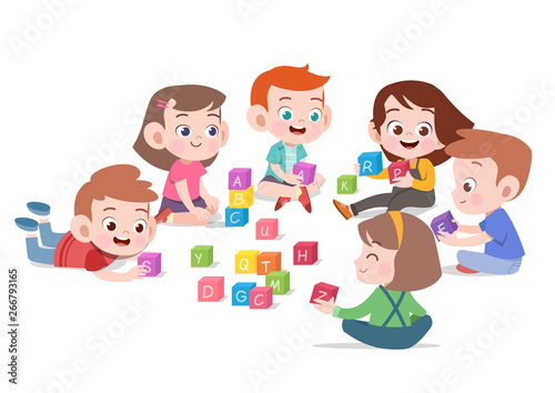 kids children playing with blocks toys illustration