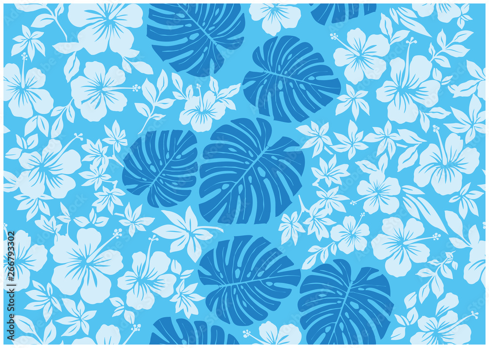 モンステラ柄とハイビスカス柄の背景イラスト 水色 テキスタイル 総柄 シームレス Hibiscus And Monstera Pattern Background Vector De Stock Adobe Stock