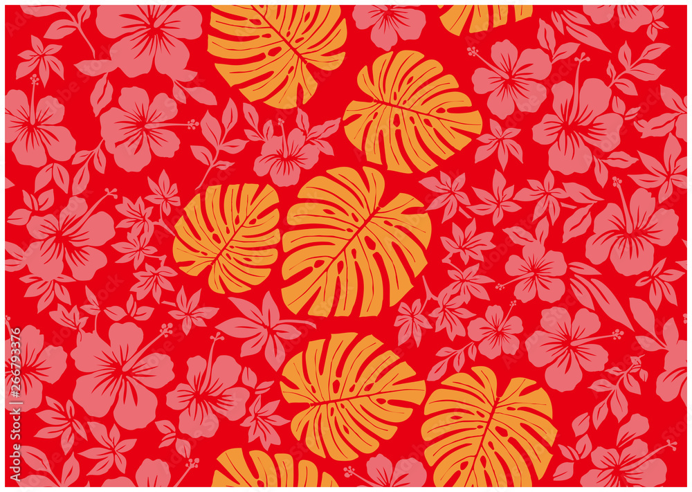 モンステラ柄とハイビスカス柄の背景イラスト 赤 テキスタイル 総柄 シームレス Hibiscus And Monstera Pattern Background Stock Vector Adobe Stock