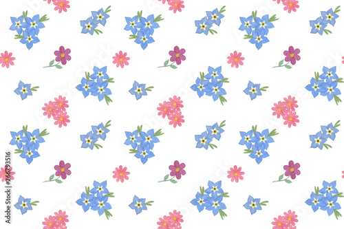 Hand drawn watercolor seamless pattern on the white background, rose and purple flowers and forget-me-nots composition, flower ornament for textile, scrapbooking, wrapping paper