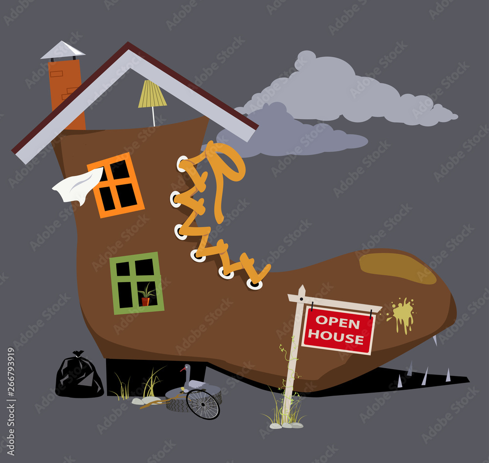 Old dilapidated shoe house with open house sign near it, EPS 8 vector illustration Stock Vector | Adobe Stock Old dilapidated shoe house with open house sign near it, EPS 8 vector illustration Stock Vector | Adobe Stock
