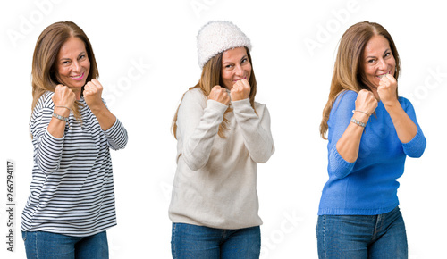 Collage of beautiful middle age woman over isolated background Ready to fight with fist defense gesture, angry and upset face, afraid of problem