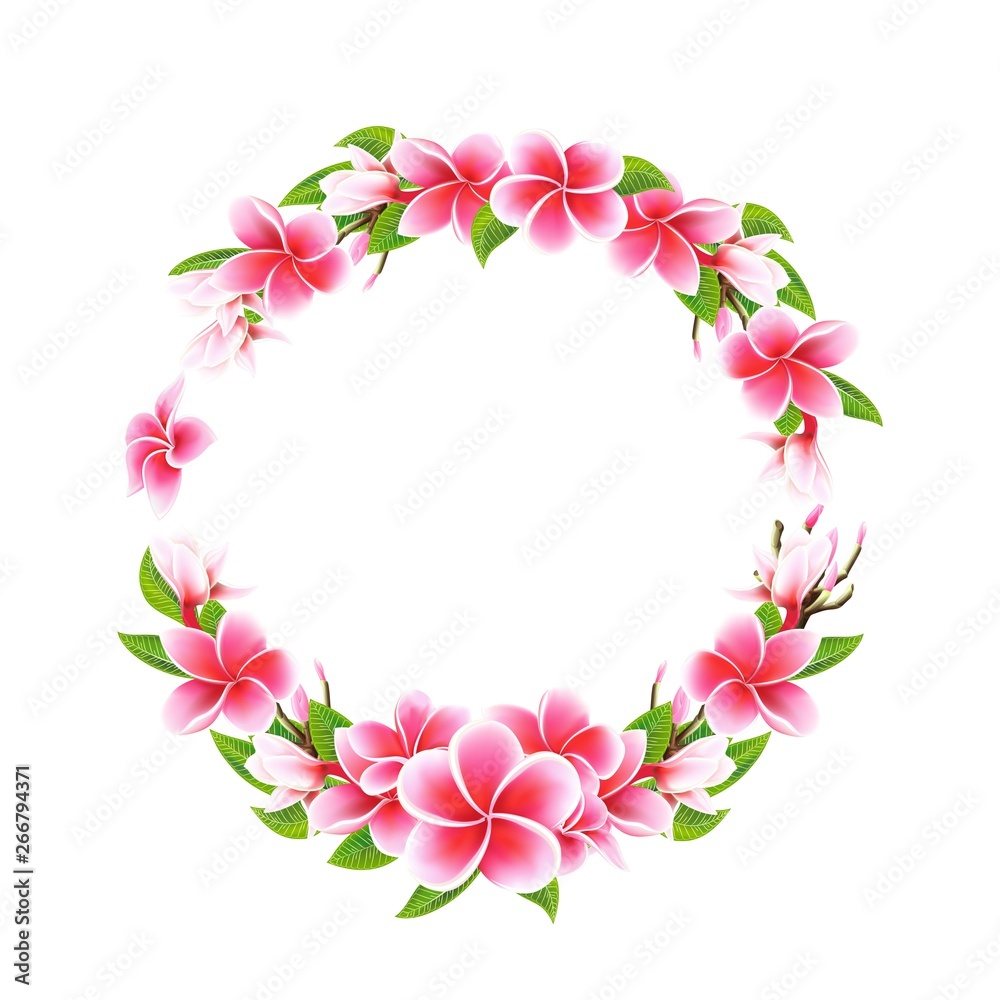 Valentines day postcard Wedding invitation card wreath with Plumeria flowers