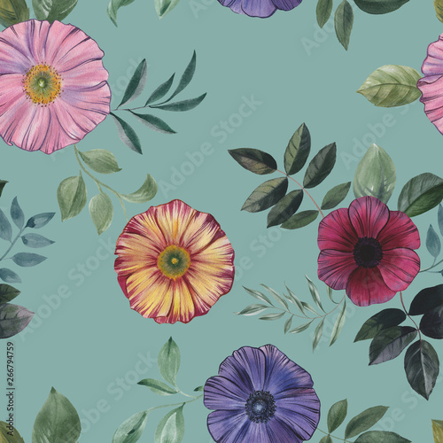 Seamless watercolor flowers pattern. Hand painted flowers of different colors. Flowers for design. Ornament flowers. Seamless floral pattern.