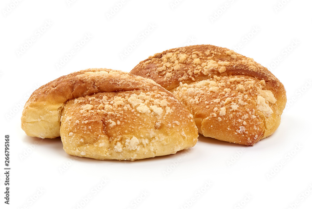 Tasty bread rolls, sweet buns, close-up, isolated on white background