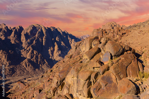 Amazing Sunrise at Sinai Mountain, Beautiful dawn in Egypt, Beautiful view from the mountain 