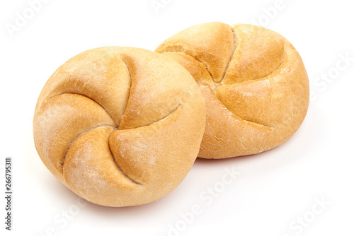 Fotografi Freshly baked Kaiser rolls, close-up, isolated on white background