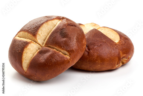Traditional German laugenbrot. Bavarian homemade bretzel rolls lye bread, close-up, isolated on white background