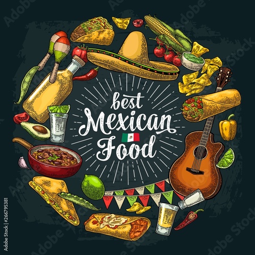 Circle shape set mexican food engraving illustration on dark photo