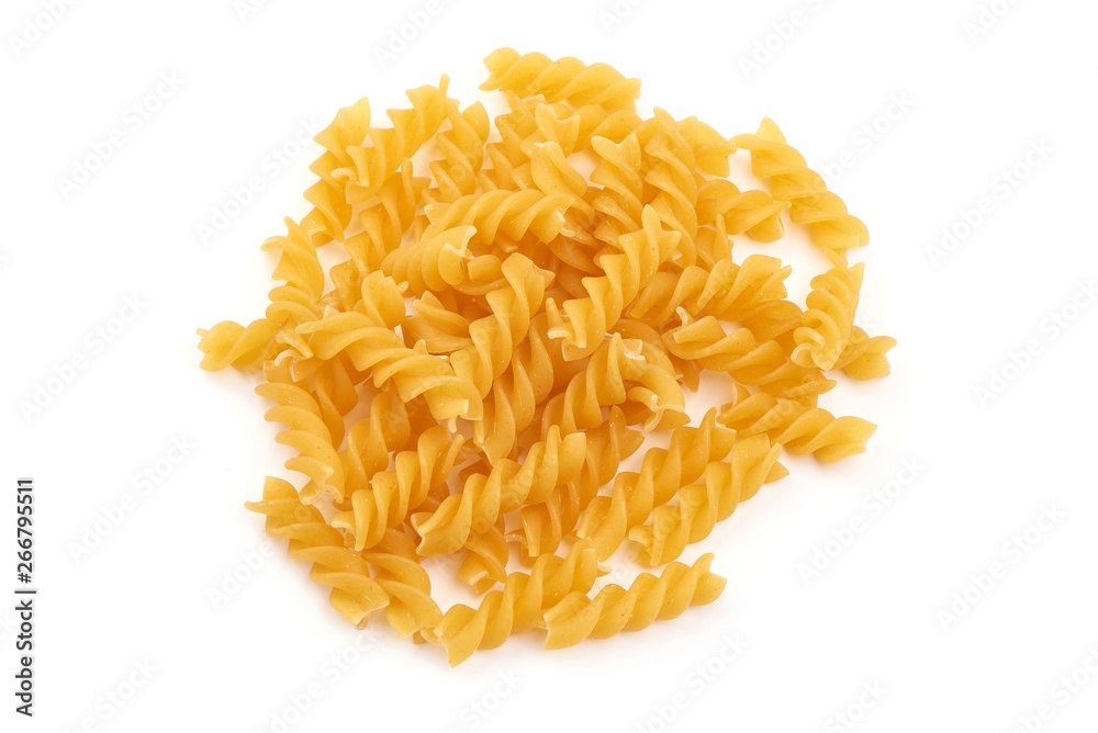 Raw fusilli pasta, close-up, isolated on white background Raw fusilli pasta, close-up, isolated on white background