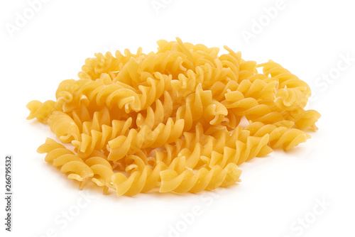 Raw fusilli pasta, Itallian food, close-up, isolated on white background