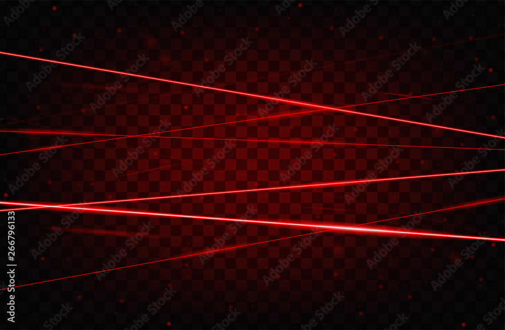 Red realistic laser beam background. Laser rays iolated on transparent background. Modern style abstract. Bright shiny lasers pattern. Vector illustration - obrazy, fototapety, plakaty 