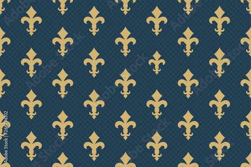 Vintage luxury Fleur-de-lis seamless royal background. France historic  ornamental pattern with heraldic symbol fleur-de-lis. Blue and gold style immaculate virgin symbolics. Vector illustration