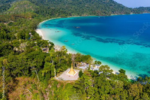 Aerial drone view of a small Buddhist Pagoda on a small tropical island in Myanmar  Swinton Island 