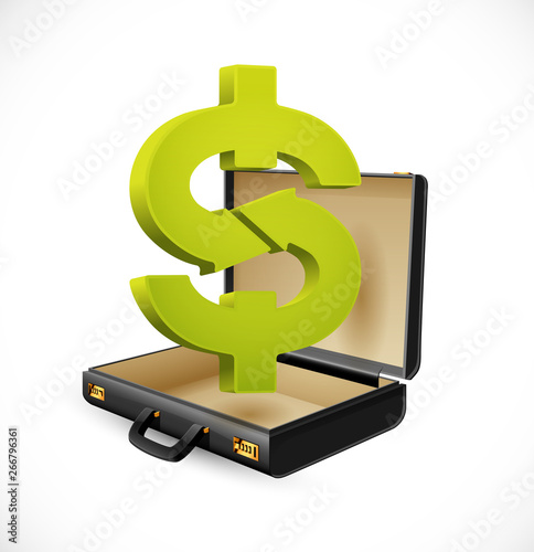 Business suitcase - finance concept - Dollar sign inside businessman briefcase