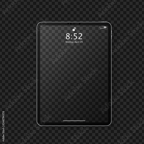 Realistic tablet computer mockup with transparent empty lock screen. Modern tablet PC template design isolated on grey transparent background. Vector Illustration