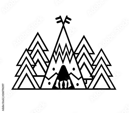 Outdoor sticker wigwam, trees. Camp in a pine forest. Emblem for t-shirts, posters, prints. Vector illustration of wall decal. Tourist pattern for a cutting plotter. Black and white coloring