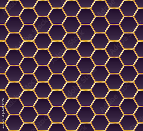 Gold and violet honey hexagonal cells seamless texture. Mosaic or speaker fabric shape pattern. Golden honeyed comb grid texture and geometric hive hexagonal honeycombs. Vector illustration
