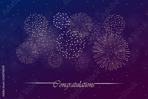 Big realistic firework show on night sky background. Independence day concept. Congratulations background. Luxury abstract. Explosion concept. Galaxy show. Vector illustration