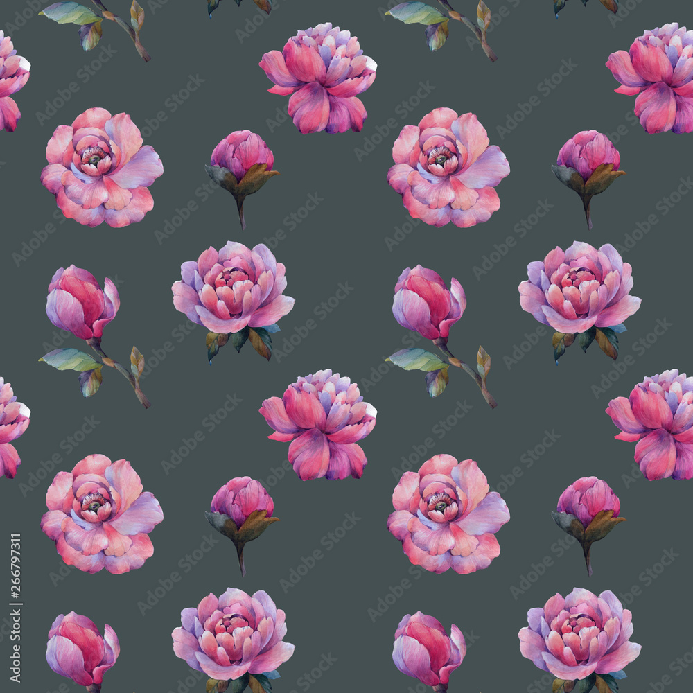 Naklejka premium Seamless watercolor flowers pattern. Watercolor peony flowers. Hand painted flowers. Flowers for design. Ornament flowers. Seamless floral pattern.